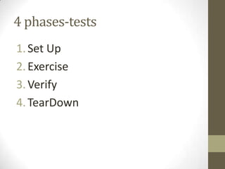 White box (*-coverage)
1. Get flow diagram of the SUT
2. Calculate cyclomatic complexity
3. Determine a data set which force going one path or another
4. Exercise the SUT with this dataset.
edges – nodes + 2 = predicate nodes +1 = number of regions
a
b c
d
…x
...
errors = []
if (user.name ==null || user.email == null) {
errors.push('mandatory fields not found');
}
//do the rest of whatever
for (var i=0; i < user.friends ; i++) {
errors.push(checkFriendShipt(user.friends[i]))
}
...
 