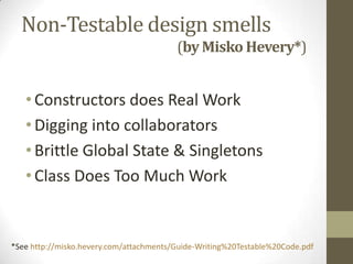 XUnit
@Before
public void setUp() {
this.userValidator = mock(UserValidator.class);
this.userDao = mock(UserDao.class);
this.userService = new UserService(userValidator, userDao);
}
@Test
public void createValidUserShouldNotFail() {
//Exercise
User expectedCreatedUser = new User("irrelevantUser");
when(userValidator.validate(any(User.class)));
when(userValidator.validate(any(User.class))).thenReturn(createdUser);
User createdUser = userService.create(new User());
//Assertions
assertThat(createdUser, equalTo(expectedCreatedUser));
}
@Test(expected=ValidationException)
public void createInvalidUserShouldFail() {
when(userValidator.validate(any(User.class)))
.thenReturn(new ValidationException());
userService.create(new User("irrelevantUser"));
}
@After
public void tearDown() {
//clean the state here
}
 