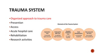 Organized approach to trauma care
Prevention
Access
Acute hospital care
Rehabilitation
Research activities
 