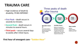  High incidence of death &
disability  BIG EXPENSE!
 First Peak – death occurs in
seconds to minutes.
 Second Peak – death occurs in
minutes to several hours.
 Third peak— occurs several days
to weeks after initial injury.
First hour of emergent care- “Golden Hour”
 
