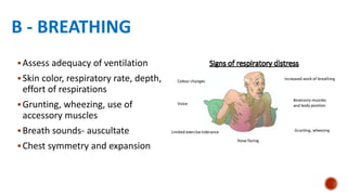 B - BREATHING
Assess adequacy of ventilation
Skin color, respiratory rate, depth,
effort of respirations
Grunting, wheezing, use of
accessory muscles
Breath sounds- auscultate
Chest symmetry and expansion
 