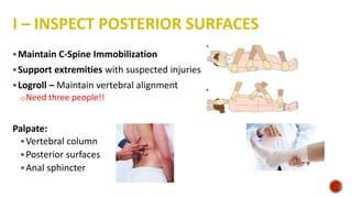 I – INSPECT POSTERIOR SURFACES
Maintain C-Spine Immobilization
Support extremities with suspected injuries
Logroll – Maintain vertebral alignment
oNeed three people!!
Palpate:
Vertebral column
Posterior surfaces
Anal sphincter
 