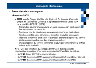 © 2022, Younes GUEROUANI
BIG SOFT
• Protocoles de la messagerie
- Protocole SMTP
 SMTP signifie Simple Mail Transfer Protocol. En français, Protocole
Simple de Transfert de Courriels. Ce protocole standard utilise TCP
via le port 25 - RFC 821 (1982) :
• Transfert du courrier d'un serveur à un autre en connexion point-à-point et
fonctionne en mode connecté ;
• Remise du courrier directement au serveur de courrier du destinataire ;
• Fonctionne grâce à des commandes textuelles envoyées au serveur ;
• Protocole synchrone, c’est-à-dire le client doit attendre la réponse du serveur
après une commande avant d’en envoyer une autre ;
• Chaque réponse du serveur commence toujours par un nombre de 3 chiffres
puis un texte explicatif.
Note : Une des limitations du protocole SMTP vient de l'impossibilité
d'authentifier l'expéditeur. Pour ceci, l'extension SMTP-AUTH a été définie :
- SMTP 25 (Relais SMTP / Pas d’authentification)
- SMTP 465 (Soumission SMTP, avec Authentification et Chiffrement SSL) / déprécié
- SMTP 587 (Soumission SMTP, avec Authentification et Chiffrement TLS)
Messagerie Électronique
 