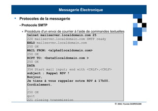 © 2022, Younes GUEROUANI
BIG SOFT
• Protocoles de la messagerie
- Protocole SMTP
 Procédure d'un envoi de courrier à l’aide de commandes textuelles
telnet mailserver.localdomain.com 25
220 mailserver.localdomain.com SMTP ready
EHLO mailserver.localdomain.com
250 OK
MAIL FROM: <alpha@localdomain.com>
250 OK
RCPT TO: <beta@localdomain.com >
250 OK
DATA
354 Start mail input; end with <CRLF>.<CRLF>
subject : Rappel RDV !
Bonjour,
Je tiens à vous rappeler notre RDV à 17h00.
Cordialement.
.
250 OK
quit
221 closing transmission
Messagerie Électronique
 