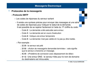 © 2022, Younes GUEROUANI
BIG SOFT
• Protocoles de la messagerie
- Protocole SMTP
 Les codes de réponses du serveur sortant
 Il existe une syntaxe précise pour envoyer des messages et une série
de codes de réponses pour indiquer le statut de la demande.
Il est possible de se repérer facilement à l’aide du 1er chiffre du code :
o Code 2 : La demande a été exécutée sans erreur.
o Code 3 : La demande est en cours d’exécution
o Code 4 : Indique une erreur temporaire
o Code 5 : La demande n’est pas valide et n’a pas pu être traitée.
 Par exemple :
o 2 2 0 : le serveur est prêt
o 2 5 0 : «Action de messagerie demandée terminée» : cela signifie
que le serveur a transmis un message.
o 4 2 0 : «Problème de connexion avec dépassement de délai»
o 5 1 2 : Une erreur DNS : le serveur hôte pour le nom de domaine
du destinataire est introuvable.
Messagerie Électronique
 