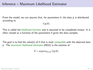 Inference – Maximum Likelihood Estimator
From the model, we can assume that, for parameters θ, the data y is distributed
a...