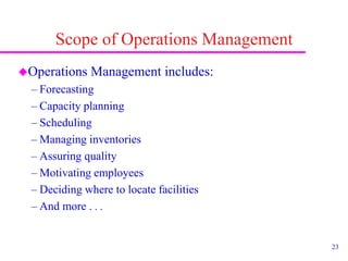 23
Operations Management includes:
– Forecasting
– Capacity planning
– Scheduling
– Managing inventories
– Assuring quality
– Motivating employees
– Deciding where to locate facilities
– And more . . .
Scope of Operations Management
 