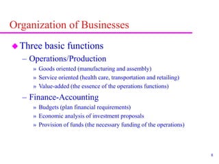 8
Organization of Businesses
Three basic functions
– Operations/Production
» Goods oriented (manufacturing and assembly)
» Service oriented (health care, transportation and retailing)
» Value-added (the essence of the operations functions)
– Finance-Accounting
» Budgets (plan financial requirements)
» Economic analysis of investment proposals
» Provision of funds (the necessary funding of the operations)
 