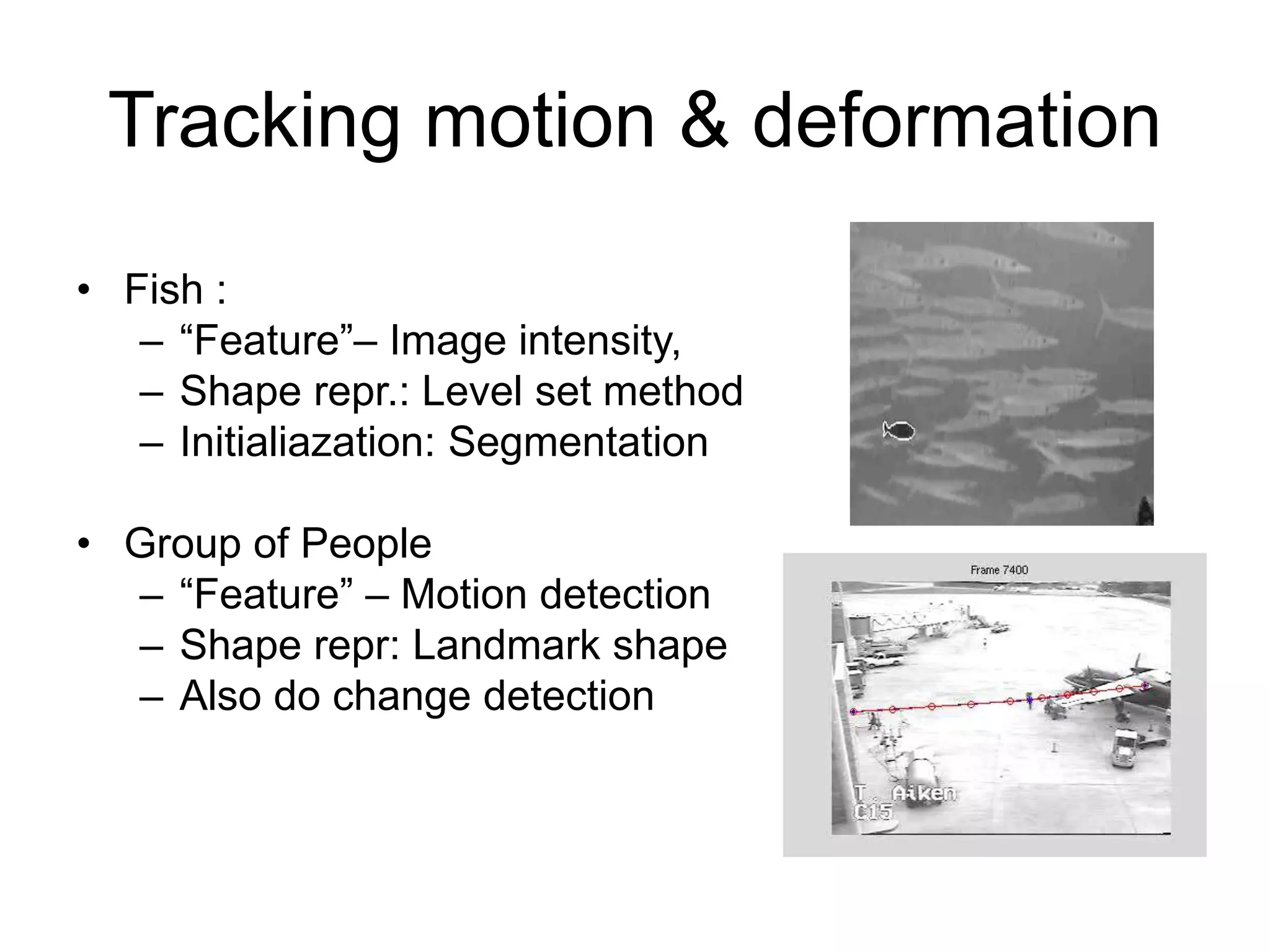 Tracking motion & deformation
• Fish :
– “Feature”– Image intensity,
– Shape repr.: Level set method
– Initialiazation: Segmentation
• Group of People
– “Feature” – Motion detection
– Shape repr: Landmark shape
– Also do change detection
 