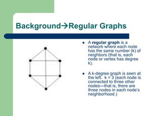 BackgroundRegular Graphs
 A regular graph is a
network where each node
has the same number (k) of
neighbors (that is, each
node or vertex has degree
k).
 A k-degree graph is seen at
the left. k = 3 (each node is
connected to three other
nodes—that is, there are
three nodes in each node’s
neighborhood.)
 