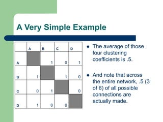 A Very Simple Example
 The average of those
four clustering
coefficients is .5.
 And note that across
the entire network, .5 (3
of 6) of all possible
connections are
actually made.
A B C D
A 1 0 1
B 1 1 0
C 0 1 0
D 1 0 0
 