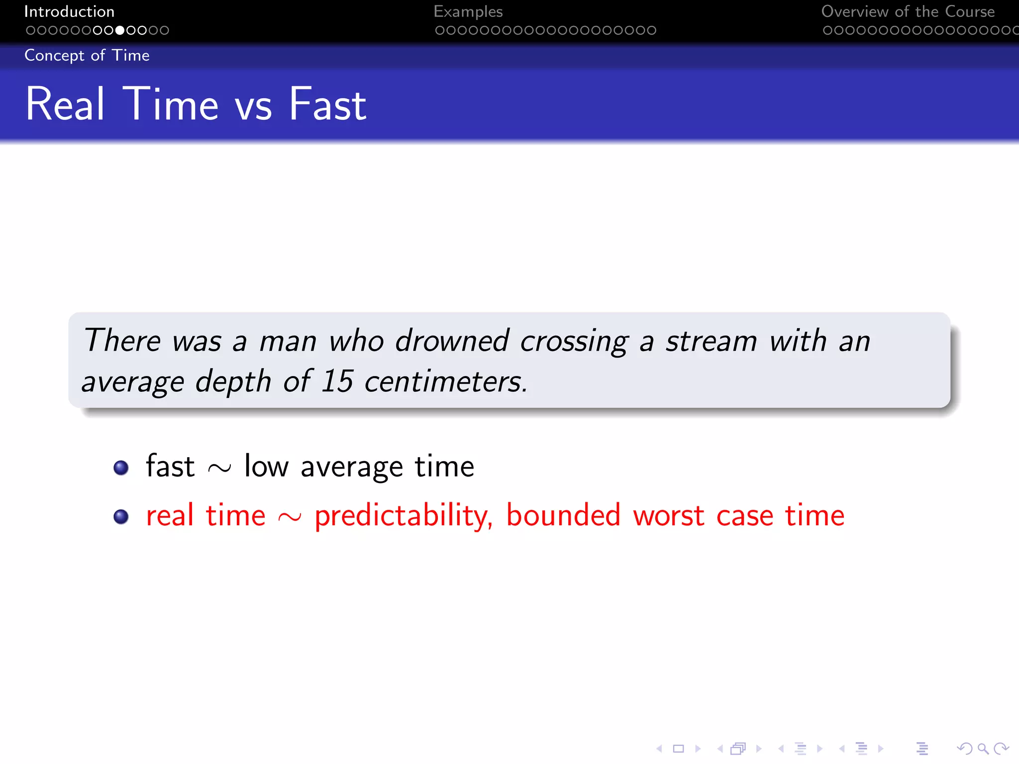 Introduction Examples Overview of the Course
Concept of Time
Real Time vs Fast
There was a man who drowned crossing a stream with an
average depth of 15 centimeters.
fast ∼ low average time
real time ∼ predictability, bounded worst case time
 