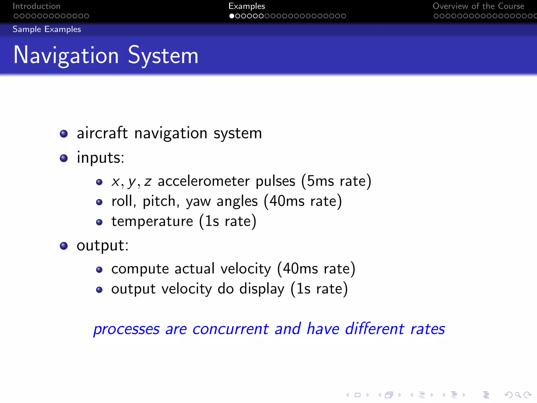 Introduction Examples Overview of the Course
Sample Examples
Navigation System
aircraft navigation system
inputs:
x, y, z accelerometer pulses (5ms rate)
roll, pitch, yaw angles (40ms rate)
temperature (1s rate)
output:
compute actual velocity (40ms rate)
output velocity do display (1s rate)
processes are concurrent and have different rates
 