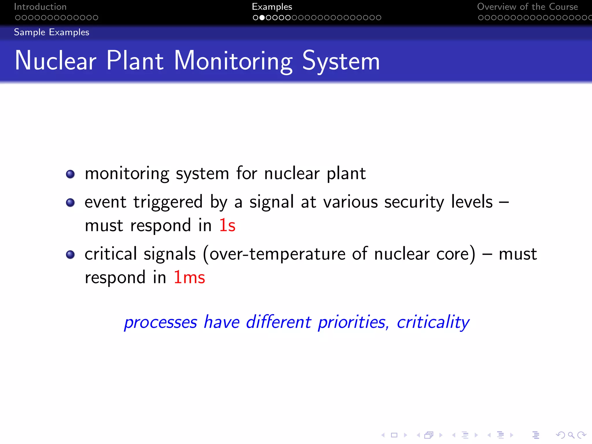 Introduction Examples Overview of the Course
Sample Examples
Nuclear Plant Monitoring System
monitoring system for nuclear plant
event triggered by a signal at various security levels –
must respond in 1s
critical signals (over-temperature of nuclear core) – must
respond in 1ms
processes have different priorities, criticality
 