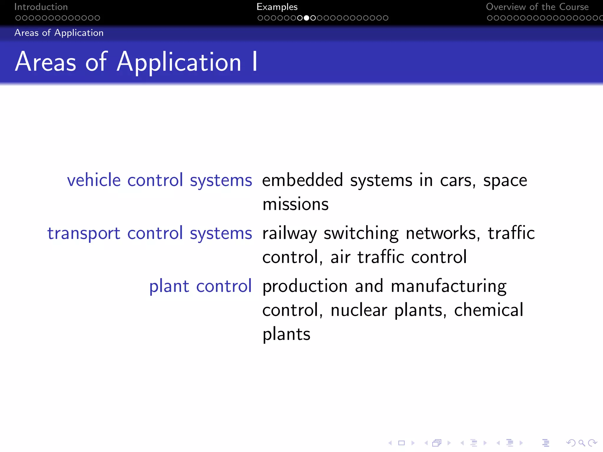 Introduction Examples Overview of the Course
Areas of Application
Areas of Application I
vehicle control systems embedded systems in cars, space
missions
transport control systems railway switching networks, traffic
control, air traffic control
plant control production and manufacturing
control, nuclear plants, chemical
plants
 