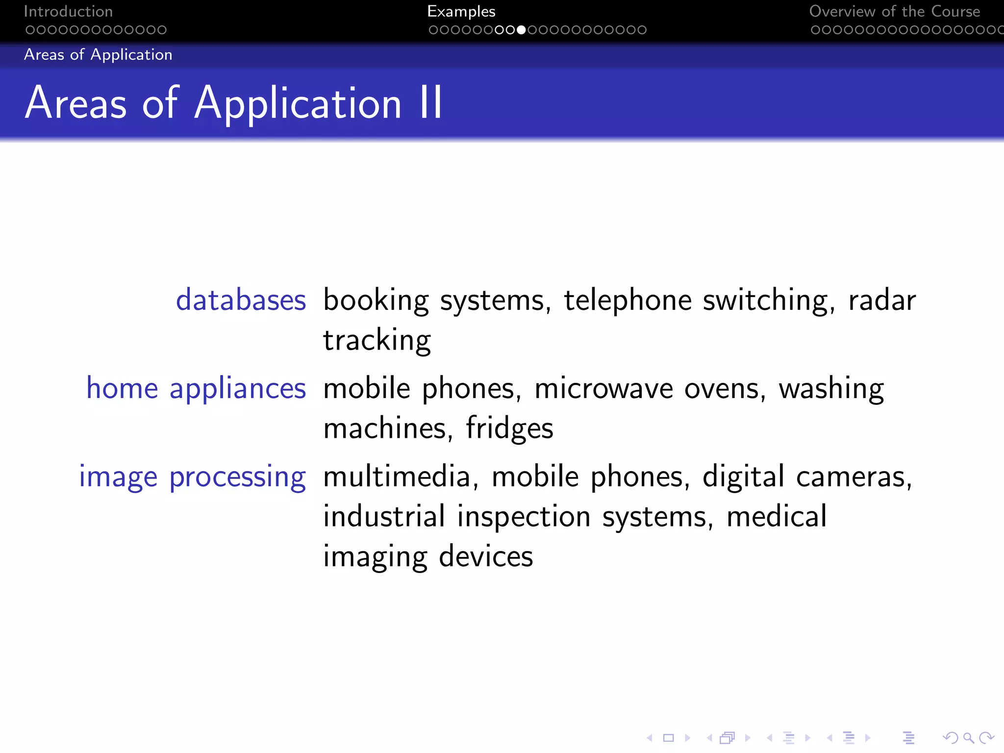 Introduction Examples Overview of the Course
Areas of Application
Areas of Application II
databases booking systems, telephone switching, radar
tracking
home appliances mobile phones, microwave ovens, washing
machines, fridges
image processing multimedia, mobile phones, digital cameras,
industrial inspection systems, medical
imaging devices
 