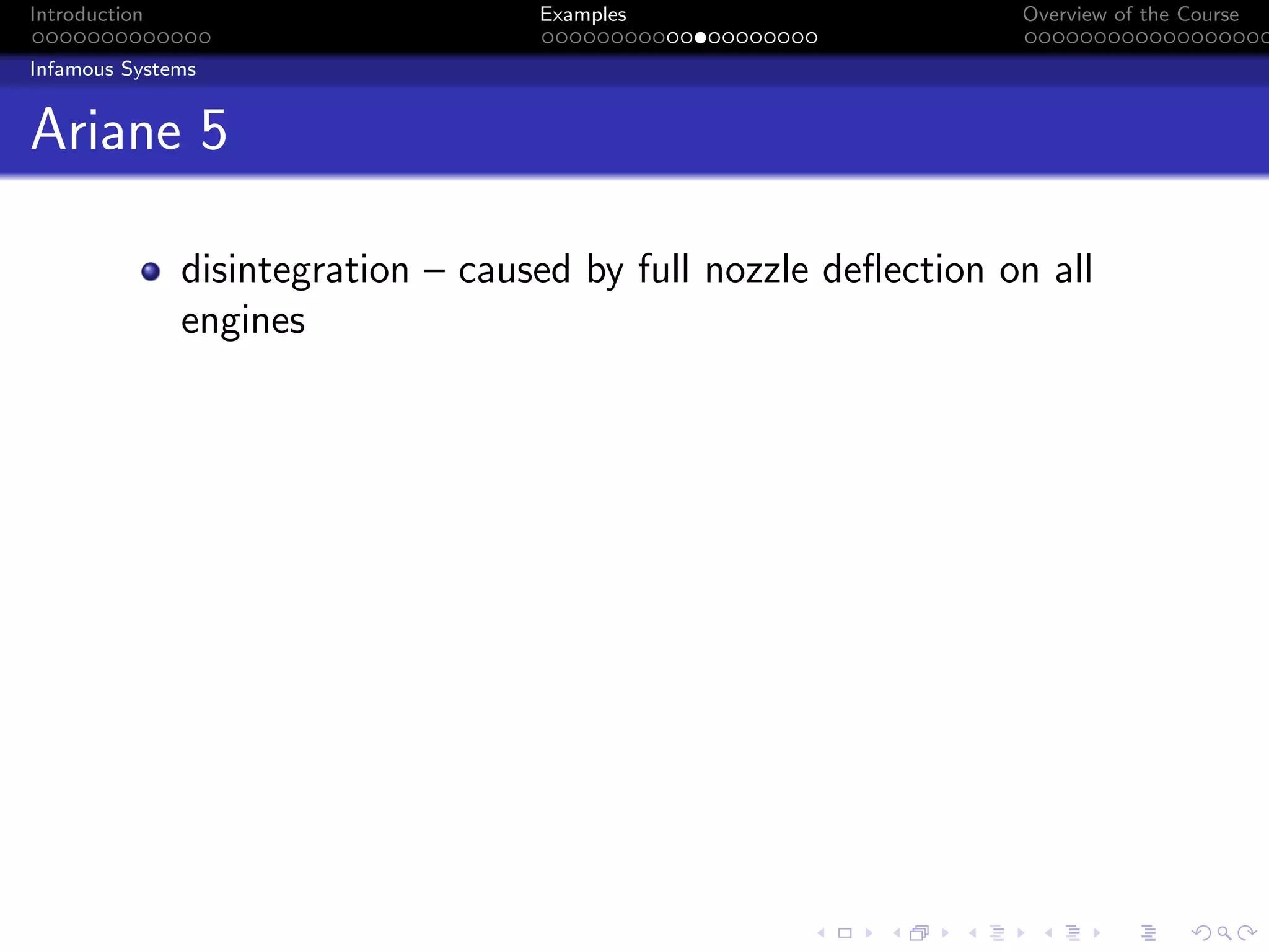 Introduction Examples Overview of the Course
Infamous Systems
Ariane 5
disintegration – caused by full nozzle deflection on all
engines
 