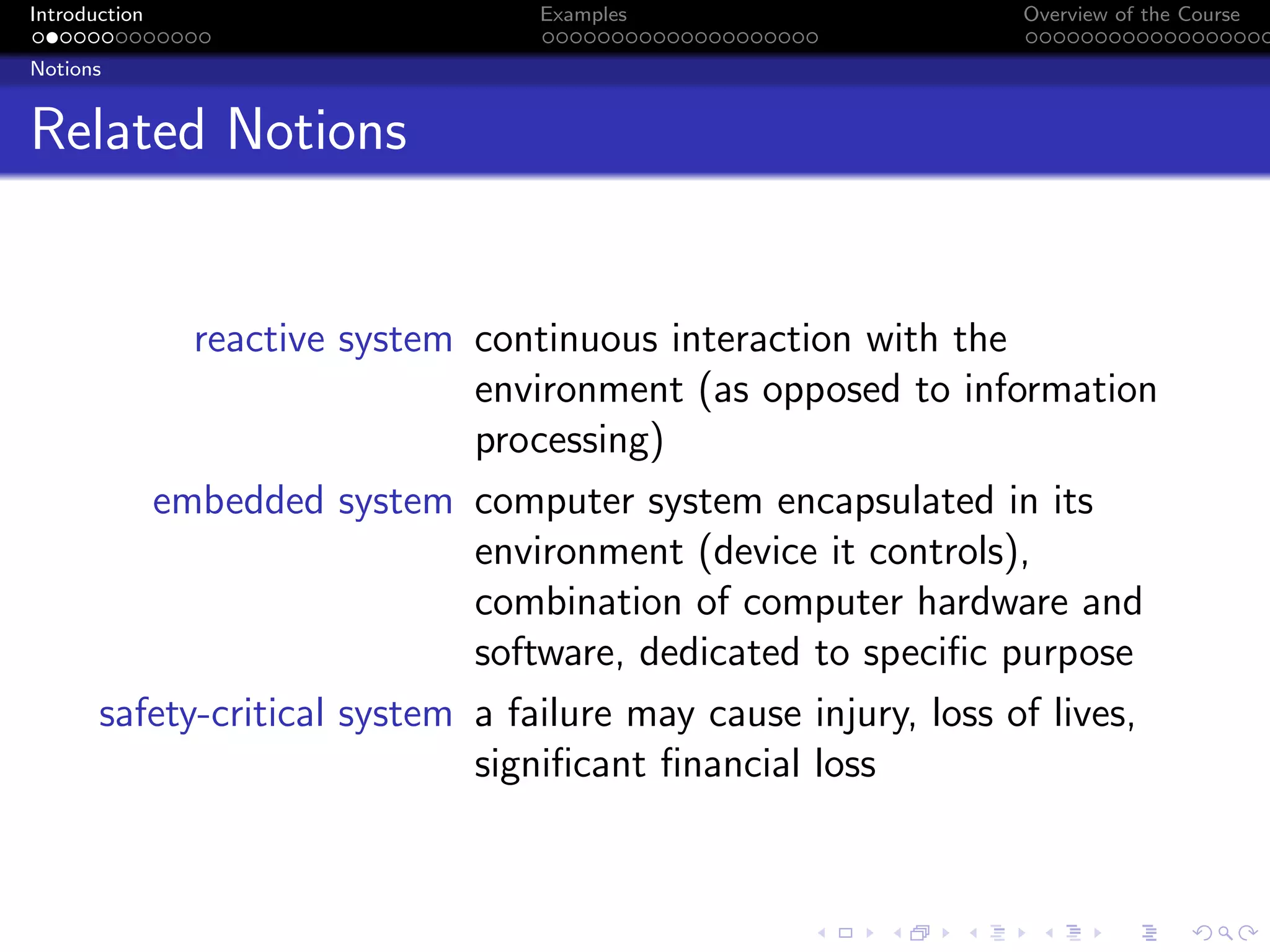 Introduction Examples Overview of the Course
Notions
Related Notions
reactive system continuous interaction with the
environment (as opposed to information
processing)
embedded system computer system encapsulated in its
environment (device it controls),
combination of computer hardware and
software, dedicated to specific purpose
safety-critical system a failure may cause injury, loss of lives,
significant financial loss
 