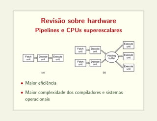 Revisão sobre hardware
Pipelines e CPUs superescalares
Fetch
unit
Fetch
unit
Fetch
unit
Decode
unit
Decode
unit
Execute
unit
Execute
unit
Execute
unit
Execute
unit
Decode
unit
Holding
buffer
(a) (b)
• Maior eficiência
• Maior complexidade dos compiladores e sistemas
operacionais
 