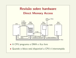 Revisão sobre hardware
Direct Memory Access
CPU
DMA
controller
Disk
controller
Main
memory
Buffer
1. CPU
programs
the DMA
controller
Interrupt when
done
2. DMA requests
transfer to memory 3. Data transferred
Bus
4. Ack
Address
Count
Control
Drive
• A CPU programa o DMA e fica livre
• Quando o bloco está disponı́vel a CPU é interrompida
 