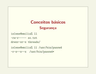 Conceitos básicos
Segurança
islene@emilia% ll
-rw-r----- so.txt
drwxr-xr-x threads/
islene@emilia% ll /usr/bin/passwd
-r-s--x--x /usr/bin/passwd*
 