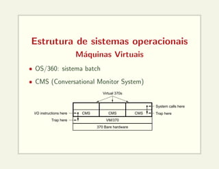 Estrutura de sistemas operacionais
Máquinas Virtuais
• OS/360: sistema batch
• CMS (Conversational Monitor System)
I/O instructions here
Trap here
Trap here
System calls here
Virtual 370s
CMS CMS CMS
VM/370
370 Bare hardware
 