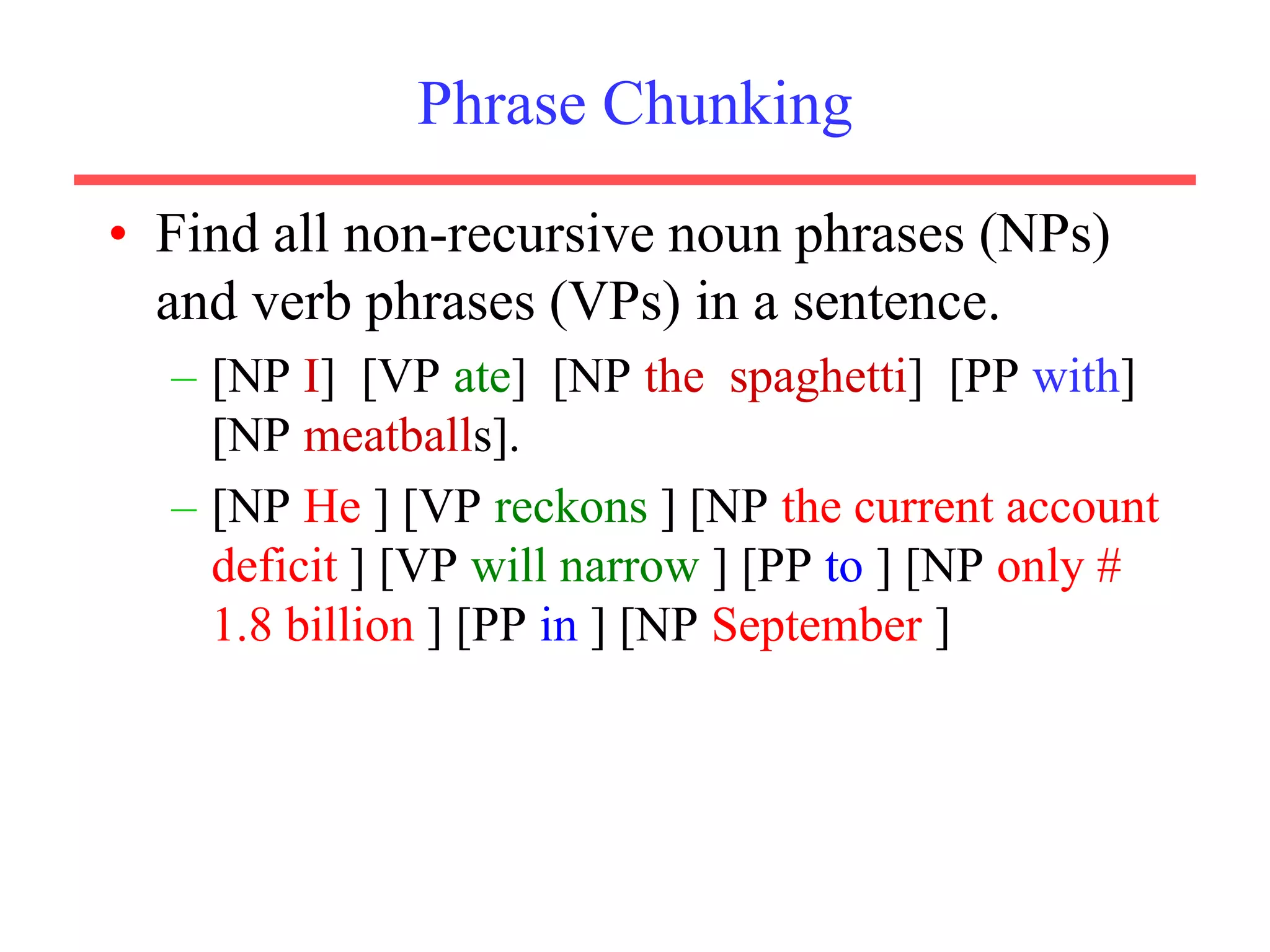 Phrase Chunking
• Find all non-recursive noun phrases (NPs)
and verb phrases (VPs) in a sentence.
– [NP I] [VP ate] [NP the spaghetti] [PP with]
[NP meatballs].
– [NP He ] [VP reckons ] [NP the current account
deficit ] [VP will narrow ] [PP to ] [NP only #
1.8 billion ] [PP in ] [NP September ]
 