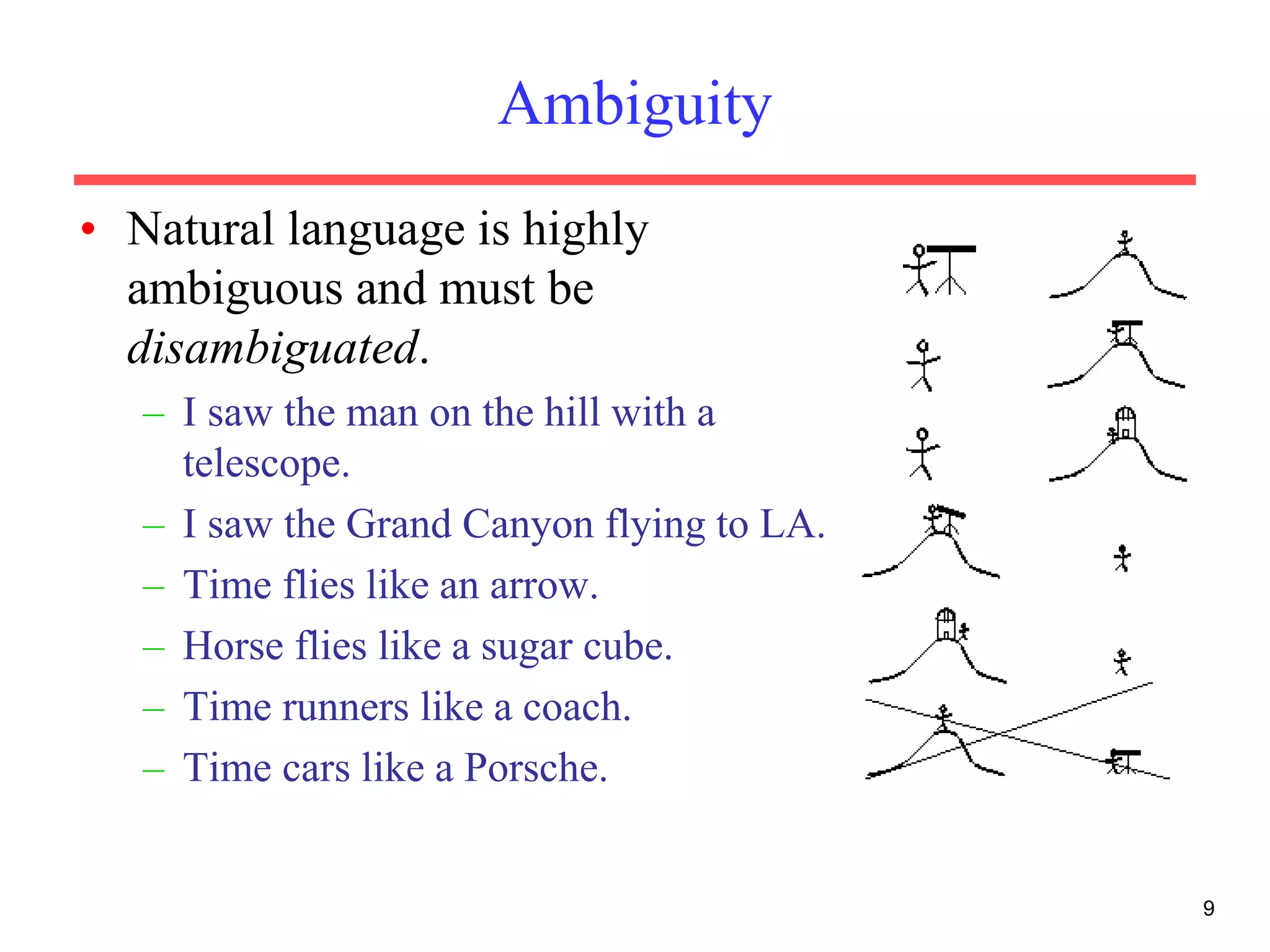 9
Ambiguity
• Natural language is highly
ambiguous and must be
disambiguated.
– I saw the man on the hill with a
telescope.
– I saw the Grand Canyon flying to LA.
– Time flies like an arrow.
– Horse flies like a sugar cube.
– Time runners like a coach.
– Time cars like a Porsche.
 