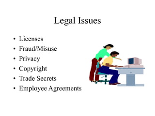 Legal Issues
• Licenses
• Fraud/Misuse
• Privacy
• Copyright
• Trade Secrets
• Employee Agreements
 