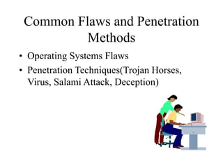 Common Flaws and Penetration
Methods
• Operating Systems Flaws
• Penetration Techniques(Trojan Horses,
Virus, Salami Attack, Deception)
 