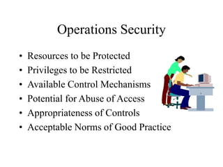 Operations Security
• Resources to be Protected
• Privileges to be Restricted
• Available Control Mechanisms
• Potential for Abuse of Access
• Appropriateness of Controls
• Acceptable Norms of Good Practice
 