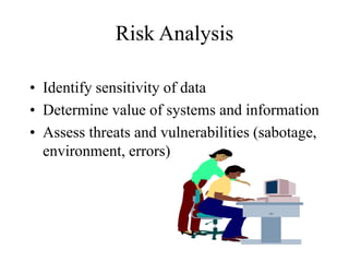 Risk Analysis
• Identify sensitivity of data
• Determine value of systems and information
• Assess threats and vulnerabilities (sabotage,
environment, errors)
 