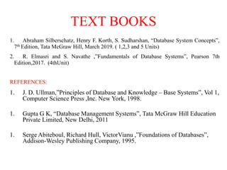 TEXT BOOKS
1. Abraham Silberschatz, Henry F. Korth, S. Sudharshan, “Database System Concepts”,
7th Edition, Tata McGraw Hill, March 2019. ( 1,2,3 and 5 Units)
2. R. Elmasri and S. Navathe ,”Fundamentals of Database Systems”, Pearson 7th
Edition,2017. (4thUnit)
REFERENCES:
1. J. D. Ullman,”Principles of Database and Knowledge – Base Systems”, Vol 1,
Computer Science Press ,Inc. New York, 1998.
1. Gupta G K, “Database Management Systems”, Tata McGraw Hill Education
Private Limited, New Delhi, 2011
1. Serge Abiteboul, Richard Hull, VictorVianu ,”Foundations of Databases”,
Addison-Wesley Publishing Company, 1995.
 