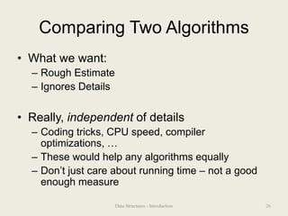 Comparing Two Algorithms
• What we want:
– Rough Estimate
– Ignores Details
• Really, independent of details
– Coding tricks, CPU speed, compiler
optimizations, …
– These would help any algorithms equally
– Don’t just care about running time – not a good
enough measure
26
Data Structures - Introduction
 