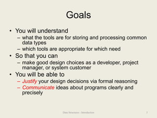 Goals
• You will understand
– what the tools are for storing and processing common
data types
– which tools are appropriate for which need
• So that you can
– make good design choices as a developer, project
manager, or system customer
• You will be able to
– Justify your design decisions via formal reasoning
– Communicate ideas about programs clearly and
precisely
3
Data Structures - Introduction
 