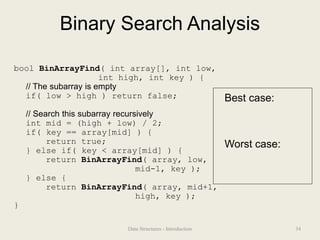 Binary Search Analysis
bool BinArrayFind( int array[], int low,
int high, int key ) {
// The subarray is empty
if( low > high ) return false;
// Search this subarray recursively
int mid = (high + low) / 2;
if( key == array[mid] ) {
return true;
} else if( key < array[mid] ) {
return BinArrayFind( array, low,
mid-1, key );
} else {
return BinArrayFind( array, mid+1,
high, key );
}
Best case:
Worst case:
34
Data Structures - Introduction
 