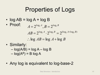 Properties of Logs
• log AB = log A + log B
• Proof:
• Similarly:
– log(A/B) = log A – log B
– log(AB) = B log A
• Any log is equivalent to log-base-2
B
A
AB
AB
B
A
B
A
B
A
B
A
log
log
log
2
2
2
2
,
2
)
log
(log
log
log
log
log
2
2
2
2
2
2









43
Data Structures - Introduction
 