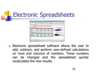 26
Electronic Spreadsheets
 Electronic spreadsheet software allows the user to
add, subtract, and perform user-defined calculations
on rows and columns of numbers. These numbers
can be changed and the spreadsheet quickly
recalculates the new results.
 