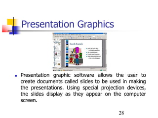 28
Presentation Graphics
 Presentation graphic software allows the user to
create documents called slides to be used in making
the presentations. Using special projection devices,
the slides display as they appear on the computer
screen.
 