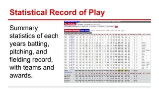 Statistical Record of Play
Summary
statistics of each
years batting,
pitching, and
fielding record,
with teams and
awards.
 