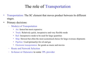The role of Transportation
• Transportation: The SC element that moves product between its different
stages.
• Primary decisions:
– Mode(s) of Transportation
• Air: fastest but most expensive
• Truck: Relatively quick, inexpensive and very flexible mode
• Rail: Inexpensive mode to be used for large quantities
• Ship: Slowest but often the most economical choice for large overseas shipments
• Pipeline: Used (primarily) for oil and gas
• Electronic transportation: for goods as music and movies
– Route and Network Selection
– In-house or Outsource to some 3PL provider
 