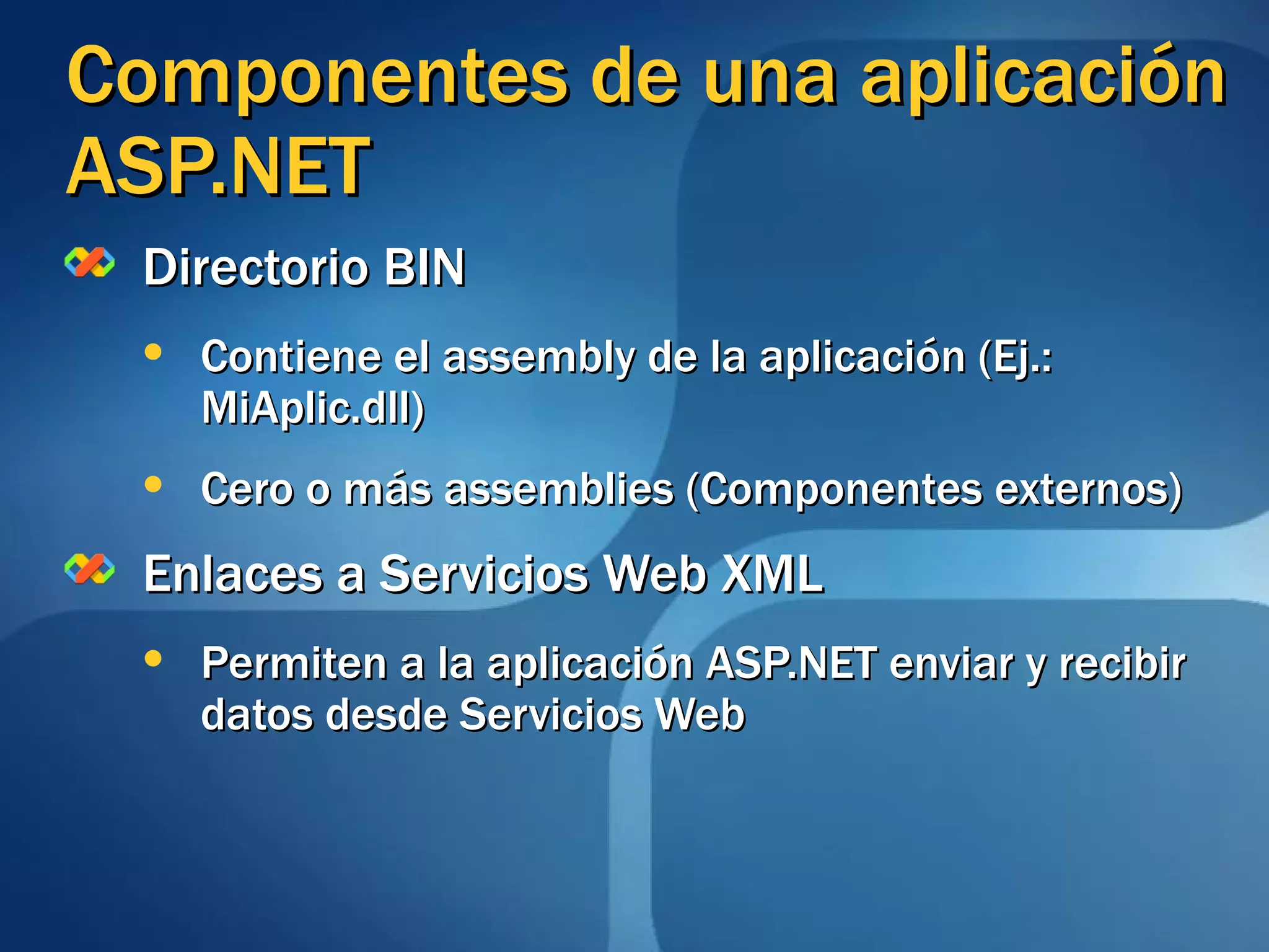 Componentes de una aplicación ASP.NET Directorio BIN Contiene el assembly de la aplicación (Ej.: MiAplic.dll) Cero o más assemblies (Componentes externos) Enlaces a Servicios Web XML Permiten a la aplicación ASP.NET enviar y recibir datos desde Servicios Web 
