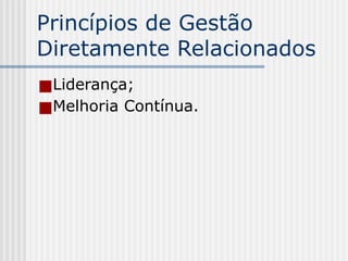 Princípios de Gestão
Diretamente Relacionados
■Liderança;
■Melhoria Contínua.
 