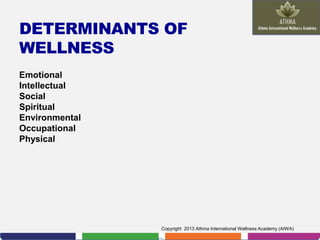 DETERMINANTS OF
WELLNESS
Emotional
Intellectual
Social
Spiritual
Environmental
Occupational
Physical

Copyright 2013 Athma International Wellness Academy (AIWA)

 