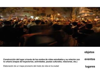 Construcción del lugar a través de los modos de vidas estudiados y su relación con lo urbano (mapas de trayectorias, actividades, pautas culturales, relaciones, etc.) Elaboración de un mapa provisorio del modo de vida en la ciudad eventos lugares objetos 