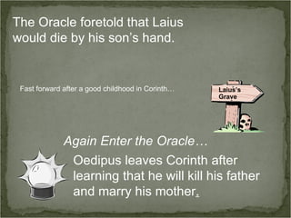 The Oracle foretold that Laius would die by his son’s hand. Laius’s Grave Fast forward after a good childhood in Corinth… Oedipus leaves Corinth after learning that he will kill his father and marry his mother . Again Enter the Oracle… 