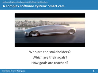 7Jose María Álvarez Rodríguez
Software Engineering-Systems and Software architecture
A complex software system: Smart cars
Who are the stakeholders?
Which are their goals?
How goals are reached?
 