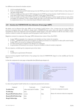 Les différents tests donnent les résultats suivants :
1. c'est le cas présenté plus haut
2. la liste est remplie lors du GET initial mais pas lors des POST qui suivent. Comme EnableViewState est à faux, la liste est
vide après chaque POST
3. la liste est remplie aussi bien après le GET initial que lors des POST qui suivent. Comme EnableViewState est à vrai, on a 3
noms après le GET initial, 6 noms après le 1er POST, 9 noms après le 2ième POST, ...
4. la liste est remplie aussi bien après le GET initial que lors des POST qui suivent. Comme EnableViewState est à faux, la liste
est remplie avec seulement 3 noms à chaque requête que celle-ci soit le GET initial ou les POST qui suivent. On retrouve
le comportement du cas 1. Il y a donc deux façons d'obtenir le même résultat.
2.9 Gestion du VIEWSTATE des éléments d'une page ASPX
Par défaut, tous les éléments d'une page ASPX ont leur propriété EnableViewState à True. A chaque fois que la page ASPX est
envoyée au navigateur client, elle contient le champ caché __VIEWSTATE qui a pour valeur une chaîne de caractères codant
l'ensemble des valeurs des composants ayant leur propriété EnableViewState à True. Pour minimiser la taille de cette chaîne, on peut
chercher à réduire le nombre de composants ayant leur propriété EnableViewState à True.
Rappelons comment les composants d'une page ASPX obtiennent leurs valeurs à l'issue d'un POST :
1. la page ASPX est instanciée. Les composants sont initialisés avec leurs valeurs de conception.
2. la valeur __VIEWSTATE postée par le navigateur est utilisée pour donner aux composants la valeur qu'ils avaient lorsque
la page ASPX a été envoyée au navigateur la fois précédente.
3. les valeurs postées par le navigateur sont affectées aux composants
4. les gestionnaires d'événements sont exécutés. Ils peuvent modifier la valeur de certains composants.
De cette séquence, on déduit que les composants qui ont leur valeur :
• postée
• modifiée par un gestionnaire d'événement
peuvent avoir leur propriété EnableViewState à Faux puisque leur valeur de VIEWSTATE (étape 2) va être modifiée par l'une des
étapes 3 ou 4.
La liste des composants de notre page est disponible dans [Default.aspx.designer.cs] :
1. namespace Intro {
2. public partial class _Default {
3. protected global::System.Web.UI.HtmlControls.HtmlForm form1;
4. protected global::System.Web.UI.WebControls.TextBox TextBoxNom;
5. protected global::System.Web.UI.WebControls.RequiredFieldValidator RequiredFieldValidatorNom;
6. protected global::System.Web.UI.WebControls.TextBox TextBoxAge;
7. protected global::System.Web.UI.WebControls.RequiredFieldValidator RequiredFieldValidatorAge;
8. protected global::System.Web.UI.WebControls.RangeValidator RangeValidatorAge;
9. protected global::System.Web.UI.WebControls.DropDownList DropDownListNoms;
10. protected global::System.Web.UI.WebControls.Button ButtonValider;
11. protected global::System.Web.UI.WebControls.ListBox ListBoxEvts;
12. protected global::System.Web.UI.WebControls.Label LabelPost;
13. protected global::System.Web.UI.WebControls.Label LabelValidation;
14. protected global::System.Web.UI.WebControls.Label LabelErreursSaisie;
15. protected global::System.Web.UI.WebControls.Label LabelGlobal;
16. protected global::System.Web.UI.WebControls.Label LabelNbRequetes;
17. }
18. }
La valeur de la propriété EnableViewState de ces composants pourrait être la suivante :
Composant Valeur postée EnableViewState Pourquoi
TextBoxNom valeur saisie dans le TextBox False la valeur du composant est postée
TextBoxAge idem
RequiredFieldValidatorNom aucune False absence de notion de valeur du composant
RequiredFieldValidatorAge idem
RangeValidatorAge idem
http://tahe.developpez.com
28/46
 