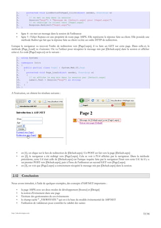 1. protected void LinkButtonToPage2_Click(object sender, EventArgs e)
2. {
3. // on met un msg dans la session
4. Session["msg2"] = "Message de [Default.aspx] pour [Page2.aspx]";
5. // on redirige le client vers [Page2.aspx]
6. Response.Redirect("Page2.aspx");
7. }
• ligne 4 : on met un message dans la session de l'utilisateur
• ligne 5 : l'objet Response est une propriété de toute page ASPX. Elle représente la réponse faite au client. Elle possède une
méthode Redirect qui fait que la réponse faite au client va être un ordre HTTP de redirection.
Lorsque le navigateur va recevoir l'ordre de redirection vers [Page2.aspx], il va faire un GET sur cette page. Dans celle-ci, la
méthode [Page_Load] va s'exécuter. On va l'utiliser pour récupérer le message mis par [Default.aspx] dans la session et afficher
celui-ci. Le code [Page2.aspx.cs] est le suivant :
1. using System;
2.
3. namespace Intro
4. {
5. public partial class Page2 : System.Web.UI.Page
6. {
7. protected void Page_Load(object sender, EventArgs e)
8. {
9. // on affiche le msg mis dans la session par [Default.aspx]
10. Label1.Text = Session["msg2"] as string;
11. }
12. }
13. }
A l'exécution, on obtient les résultats suivants :
• en [1], on clique sur le lien de redirection de [Default.aspx]. Un POST est fait vers la page [Default.aspx]
• en [2], le navigateur a été redirigé vers [Page2.aspx]. Cela se voit à l'Url affichée par le navigateur. Dans la méthode
précédente, cette Url était celle de [Default.aspx] car l'unique requête faite par le navigateur l'était vers cette Url. Ici il y a
un premier POST vers [Default.aspx], puis à l'insu de l'utilisateur un second GET vers [Page2.aspx].
• en [3], on voit que [Page2.aspx] a correctement récupéré le message mis par [Default.aspx] dans la session.
2.12 Conclusion
Nous avons introduit, à l'aide de quelques exemples, des concepts d'ASP.NET importants :
• la page ASPX avec ses deux modes de développement [Source] et [Design]
• la notion d'événement dans une page
• l'écriture des gestionnaires de ces événements
• le champ caché " _VIEWSTATE " qui est à la base du modèle événementiel de ASP.NET
• l'utilisation de validateurs pour contrôler la validité des saisies
http://tahe.developpez.com
33/46
1
2
3
 
