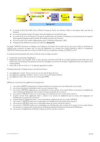 • la couche [1-dao] (dao=Data Access Object) s'occupe de l'accès aux données. Celles-ci sont placées dans une base de
données.
• la couche [2-métier] s'occupe de l'aspect métier de l'application, le calcul de la paie.
• la couche [3-ui] (ui=User Interface) s'occupe de la présentation des données à l'utilisateur et de l'exécution de ses requêtes.
Nous appelons [Application] l'ensemble des modules assurant cette fonction.
• les trois couches sont rendues indépendantes grâce à l'utilisation d'interfaces .NET
• l'intégration des différentes couches est réalisée par Spring IoC
Les pages ASP.NET nécessaires au dialogue avec l'utilisateur font partie de la couche [ui]. Ce qui a été vu dans ce document est
suffisant pour construire ces pages web. Le reste de l'application est constitué des couches [métier] et [dao]. La compétence
ASP.NET n'intervient pas dans ces couches. Il suffit d'avoir une compétence classique en VB.NET ou C#.
Le traitement d'une demande d'un client se déroule selon les étapes suivantes :
1. le client fait une demande à l'application.
2. l'application traite cette demande. Pour ce faire, elle peut avoir besoin de l'aide de la couche [métier] qui elle-même peut avoir
besoin de la couche [dao] si des données doivent être échangées avec la base de données. L'application reçoit une réponse de la
couche [métier].
3. selon celle-ci, elle envoie la vue (= la réponse) appropriée au client.
L'interface présentée à l'utilisateur peut avoir diverses formes :
1. une application console : dans ce cas, la vue est une suite de lignes de texte.
2. une application graphique windows : dans ce cas, la vue est une fenêtre windows
3. une application web : dans ce cas, la vue est une page HTML
4. ...
Différentes versions de cette application sont proposées :
1. une version ASPNET comportant un unique formulaire et construite avec une architecture à une couche.
2. une version identique à la précédente mais avec des extensions Ajax
3. une version ASP.NET s'appuyant sur une architecture à trois couches où la couche d'accès aux données est implémentée
avec le framework NHibernate. Elle a toujours l'unique formulaire de la version 1.
4. une version 4 ASP.NET multi-vues et mono-page avec l'architecture trois couches de la version 3.
5. la partie serveur d'une application client / serveur où le serveur est implémenté par un service web s'appuyant sur
l'architecture en couches de la version 3.
6. la partie client de l'application client / serveur précédente, implémentée par une couche ASP.NET.
7. une version 7 ASP.NET multi-vues et multi-pages avec l'architecture trois couches de la version 3.
8. une version 8 ASP.NET multi-vues et multi-pages cliente du service web de la version 5.
9. une version 9 ASP.NET multi-vues et multi-pages avec l'architecture trois couches de la version 3 où la couche d'accès
aux données est implémentée par des classes de Spring qui facilitent l'utilisation du framework NHibernate.
10. une version 10 implémentée en FLEX et cliente du service web de la version 5.
http://tahe.developpez.com
45/46
3
2
1
Spring IoC
3 - couche [ui]
Données
1 -
couche
[dao]
2 -
couche
[métier]
Application [simupaie]
Application
Utilisateur
 